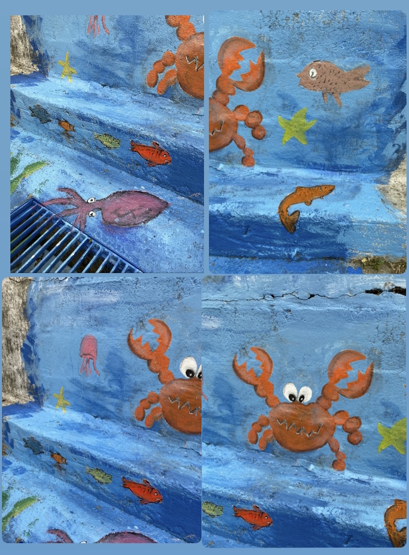 Na pintura incluímos um crustáceo, um caranguejo que vive em ambiente aquático de água doce ou salgada, uma lula, uma medusa, uma estrela-do-mar, douradas, robalos e sardinhas.<br />
Todas as pinturas foram realizadas pelos alunos.
