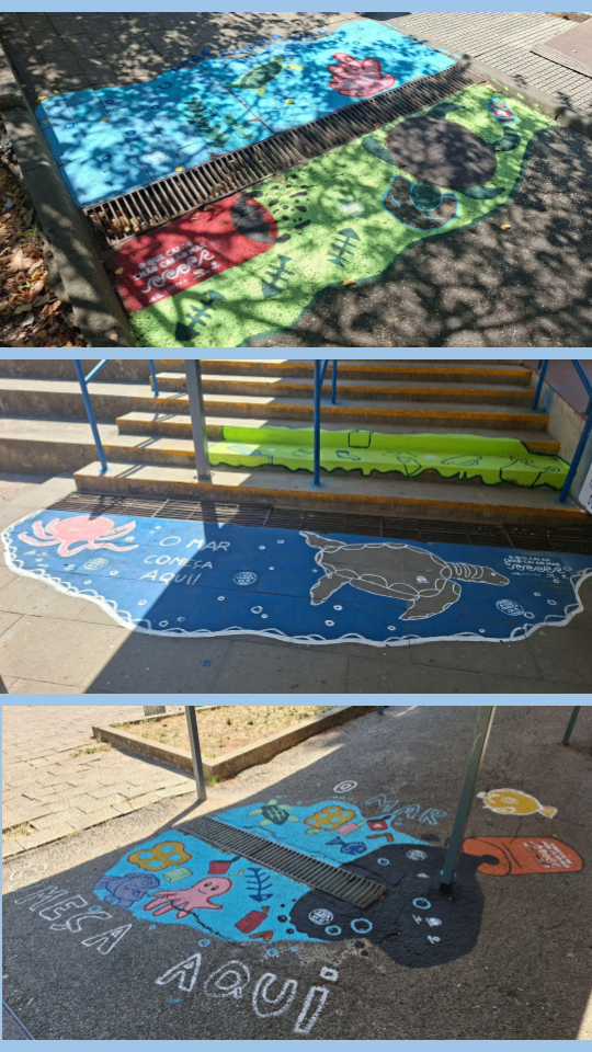 3 sarjetas pintadas dentro do recinto escolar da escola E.B. 2,3 D. Pedro IV pelas turmas 9ºB, 9ºD e 9ºG do ano letivo 2025/2026.
