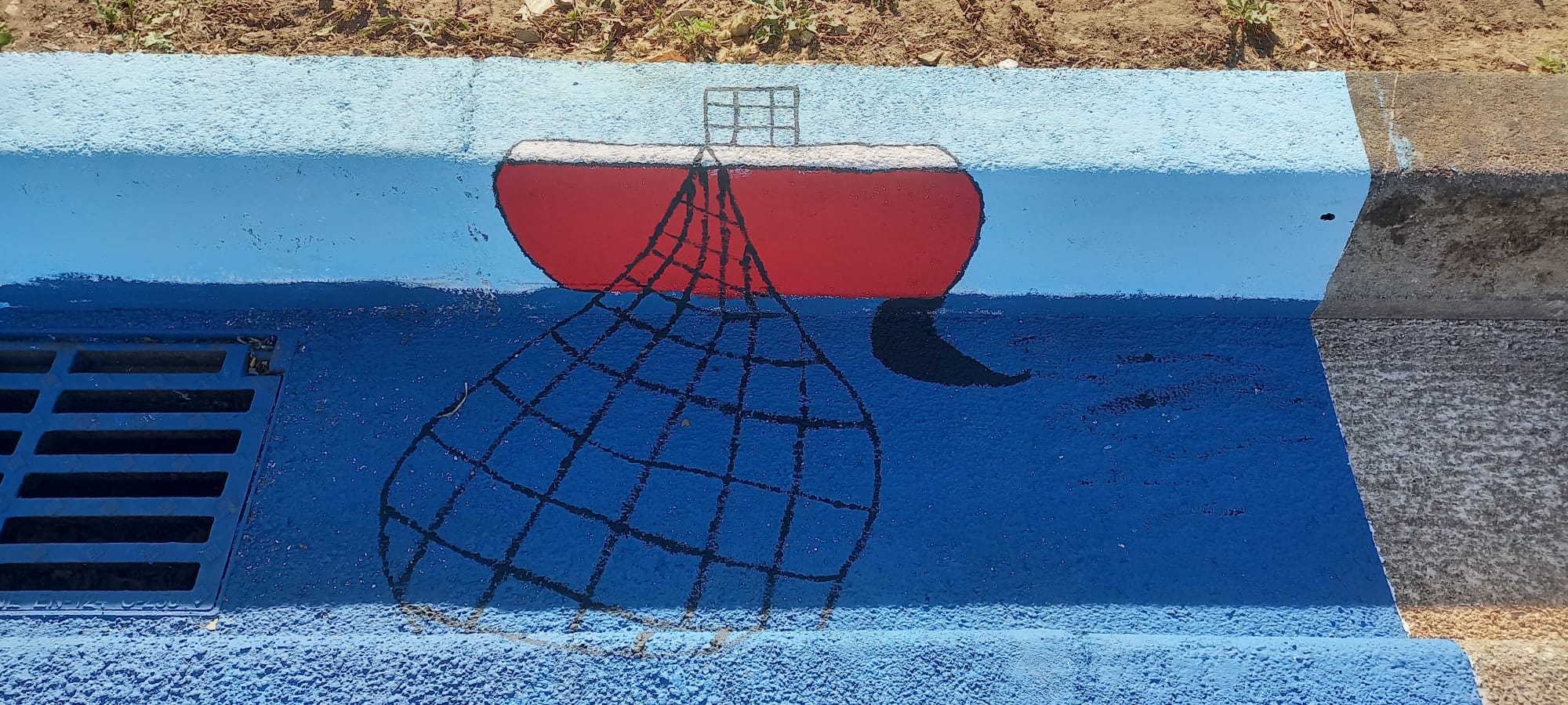 Pintura de um barco com rede de pesca.