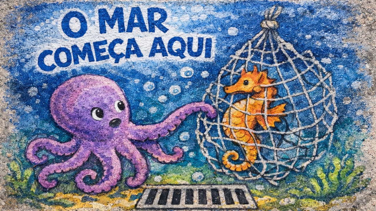 O mar começa aqui: salvar antes que seja tarde.<br />
Um cavalo-marinho preso numa rede é socorrido por um polvo, numa composição que representa o impacto dos resíduos arrastados pelas águas pluviais até ao mar e a urgência de proteger a biodiversidade marinha