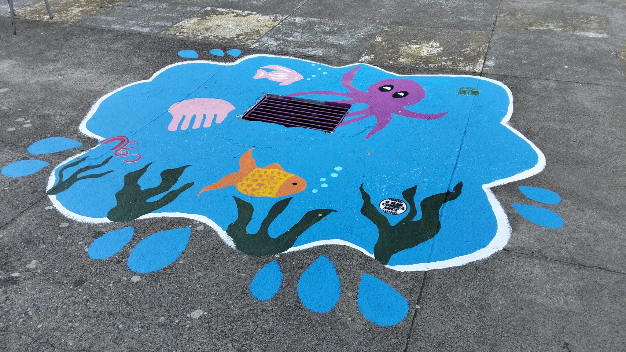 A foto mostra uma das três sarjetas pintadas na escola.
