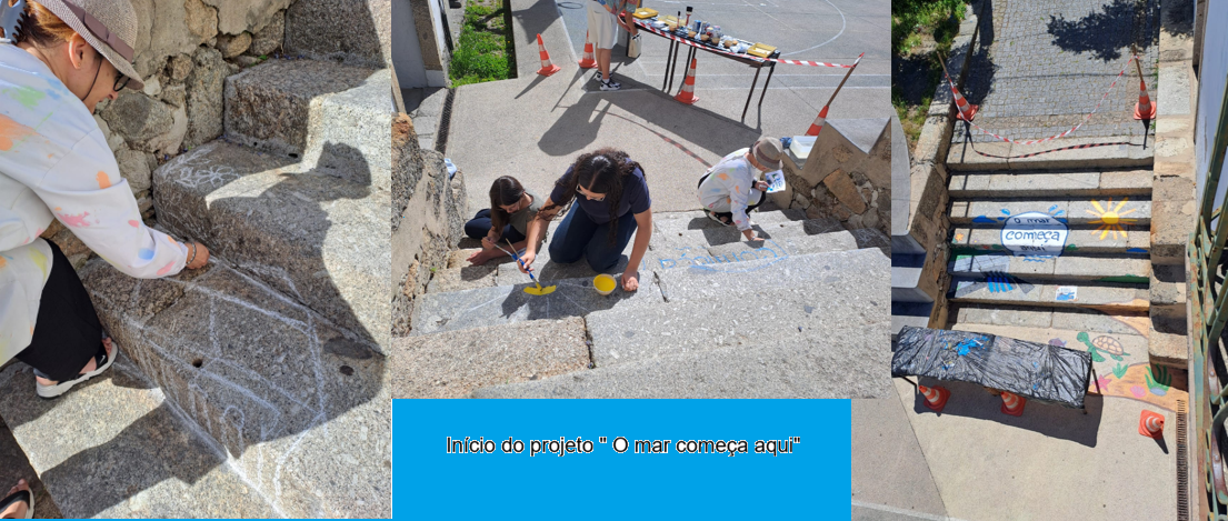 Inicio do projeto - Riscando o esquema previamente elaborado.<br />
Este representa a poluição das águas por resíduos, nomeadamente plásticos e latas que sendo arrastados pela água da chuva vão cair na sarjeta e pela lei da natureza, parar aos rios e oceanos