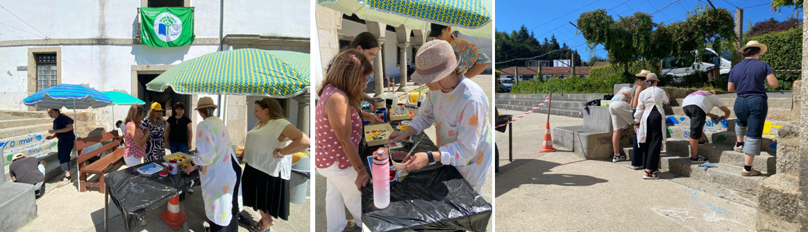 Elaboração da pintura na sarjeta com ajuda da comunidade escolar: alunos, professores e funcionários da nossa escola. Estava muito calor, foi necessário recorrer a guarda sois e chapéus para proteção solar, fruto das alterações climáticas.